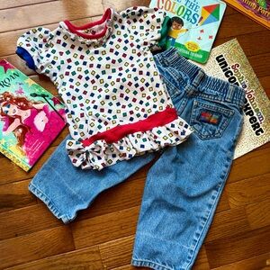 🌈 Rainbow Tag Gymboree Multicolor Geometric Ruffle Tee & Light Wash Jeans Set